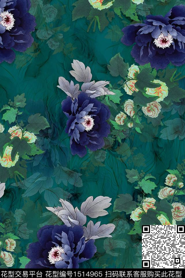 香云纱中老年组合花卉数码印花华亿平台下载（图片编号: 1514965） - 瓦栏（Walan）