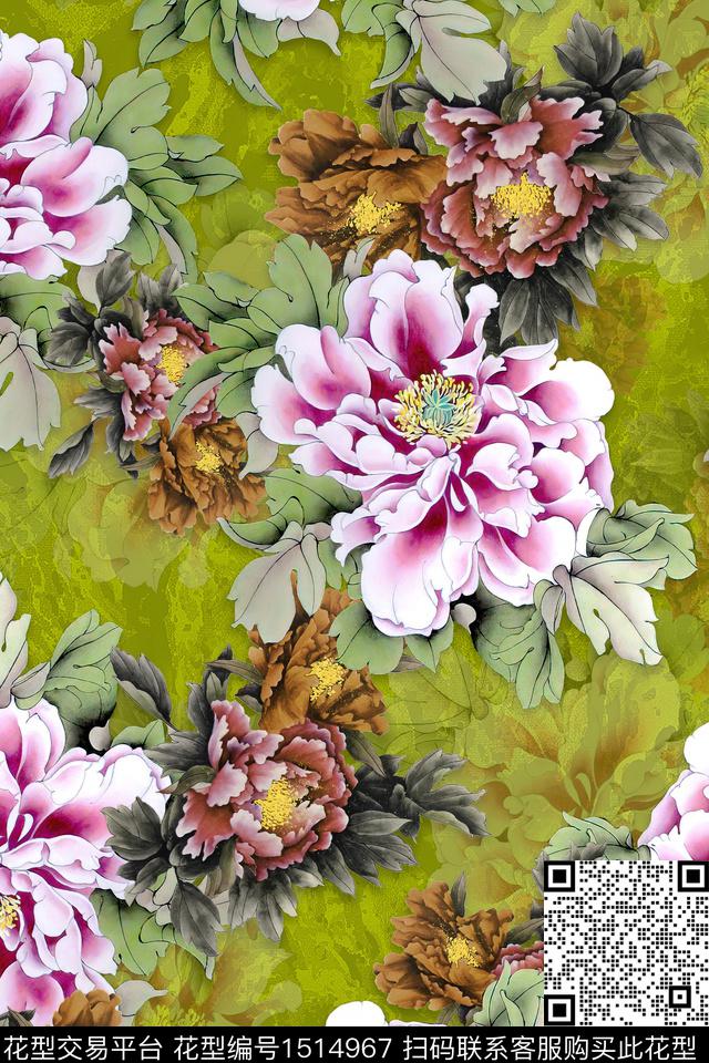 香云纱中老年组合花卉数码印花华亿平台下载（图片编号: 1514967） - 瓦栏（Walan）