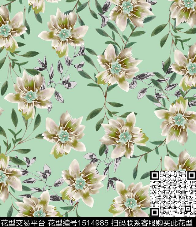 绿植树叶花卉满版散花传统印花华亿平台下载（图片编号: 1514985） - 瓦栏（Walan）