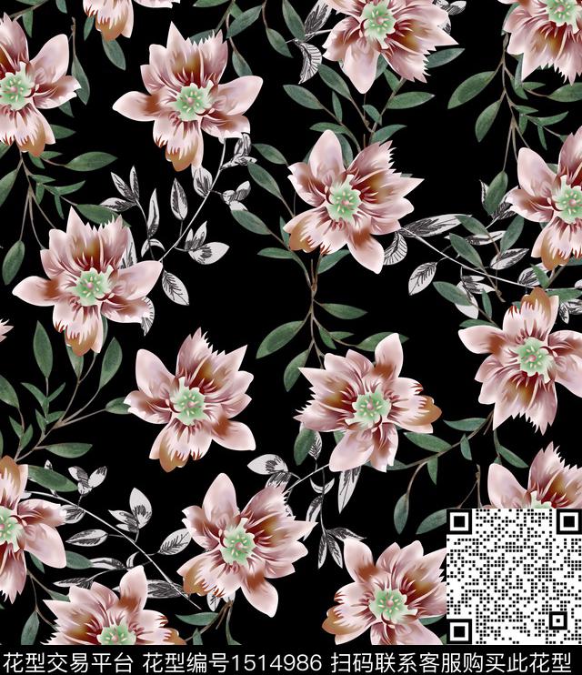 绿植树叶花卉满版散花传统印花华亿平台下载（图片编号: 1514986） - 瓦栏（Walan）