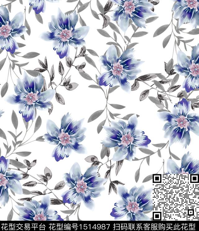 绿植树叶花卉满版散花传统印花华亿平台下载（图片编号: 1514987） - 瓦栏（Walan）