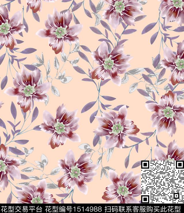绿植树叶花卉满版散花传统印花华亿平台下载（图片编号: 1514988） - 瓦栏（Walan）