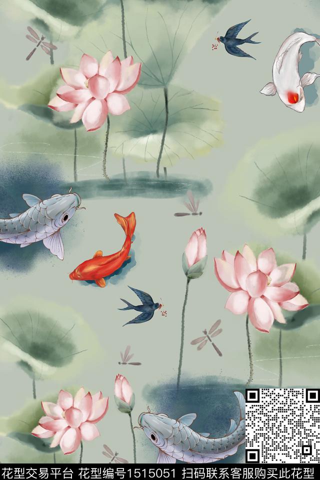 荷花民族风大牌风数码印花华亿平台下载（图片编号: 1515051） - 瓦栏（Walan）