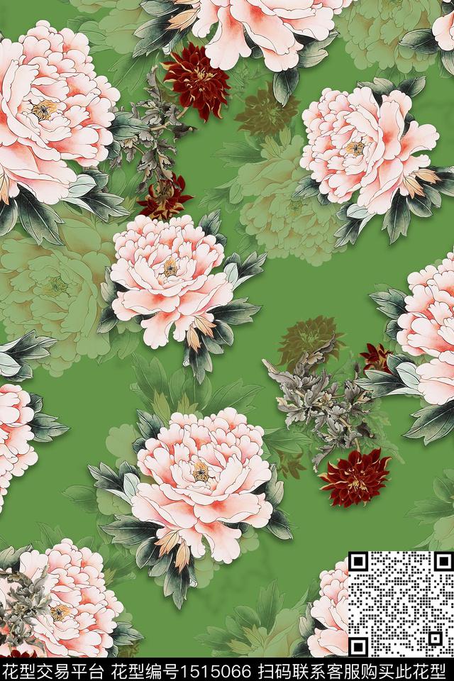 香云纱旗袍牡丹数码印花华亿平台下载（图片编号: 1515066） - 瓦栏（Walan）