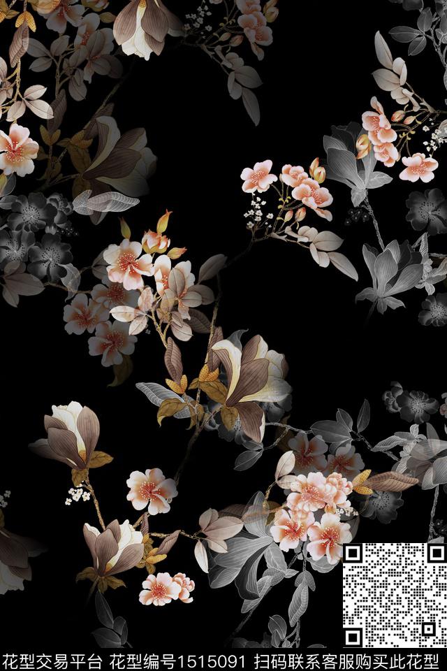 花卉香云纱大牌风数码印花华亿平台下载（图片编号: 1515091） - 瓦栏（Walan）