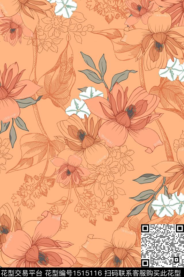 花卉手绘矢量数码印花华亿平台下载（图片编号: 1515116） - 瓦栏（Walan）
