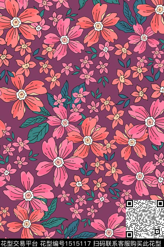 花卉手绘矢量数码印花华亿平台下载（图片编号: 1515117） - 瓦栏（Walan）