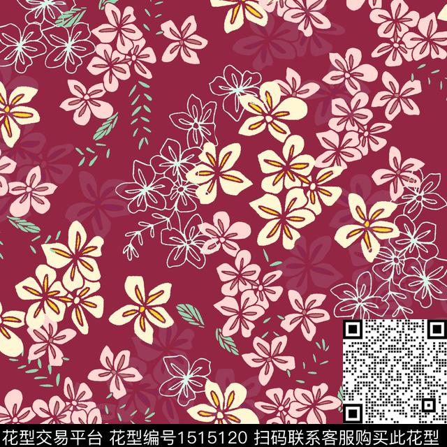 花卉手绘矢量数码印花华亿平台下载（图片编号: 1515120） - 瓦栏（Walan）