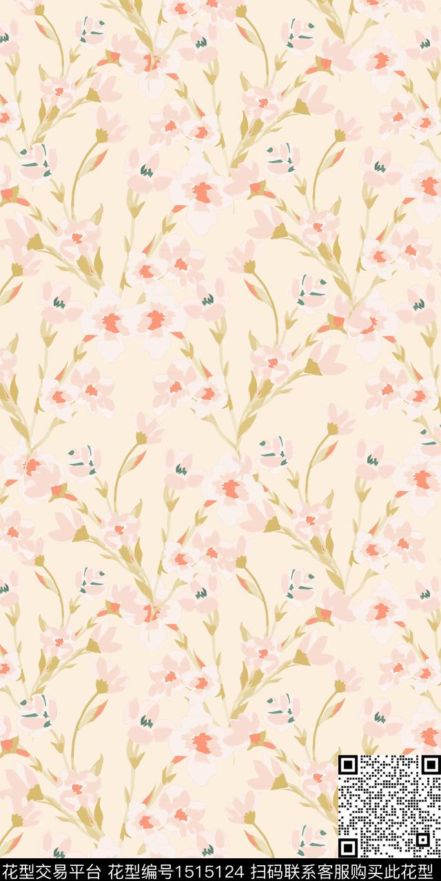 花卉手绘矢量数码印花华亿平台下载（图片编号: 1515124） - 瓦栏（Walan）