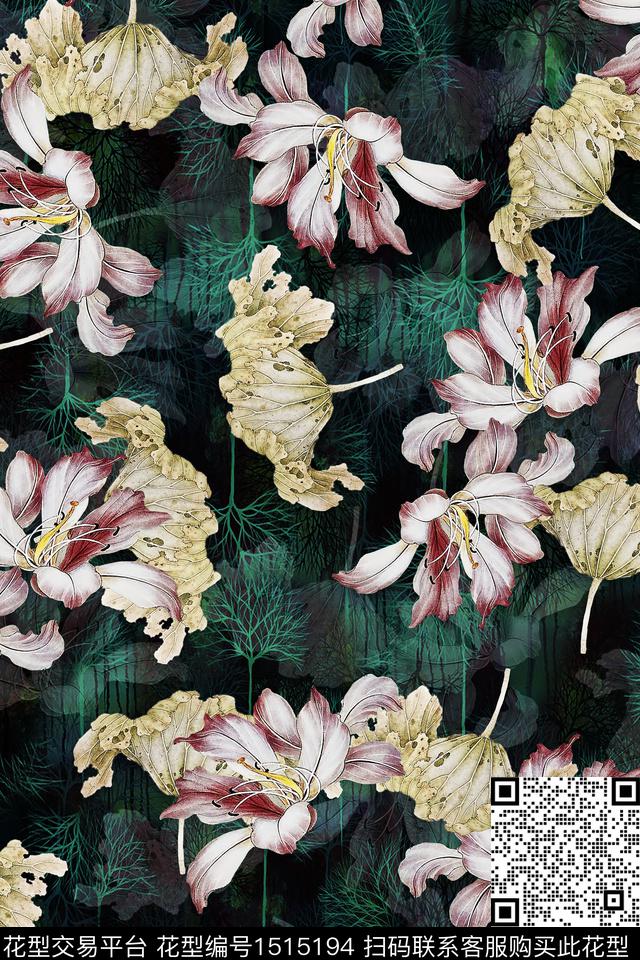 荷花香云纱旗袍数码印花华亿平台下载（图片编号: 1515194） - 瓦栏（Walan）