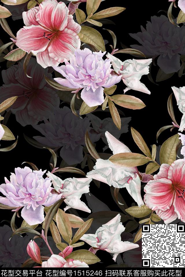 黑底花卉花卉真丝数码印花华亿平台下载（图片编号: 1515246） - 瓦栏（Walan）