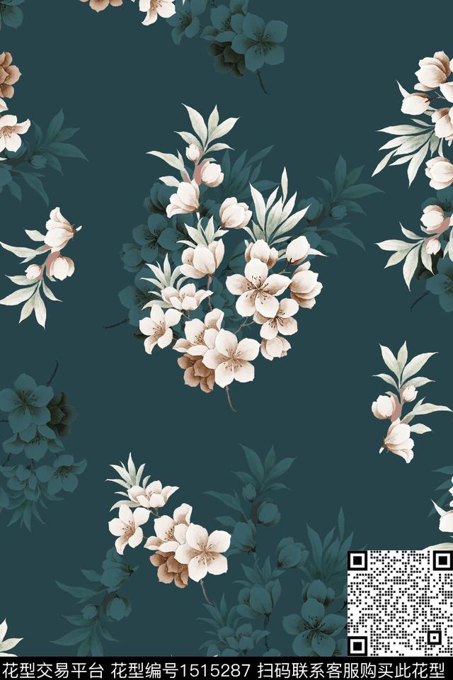 黑底花卉花卉香云纱数码印花华亿平台下载（图片编号: 1515287） - 瓦栏（Walan）