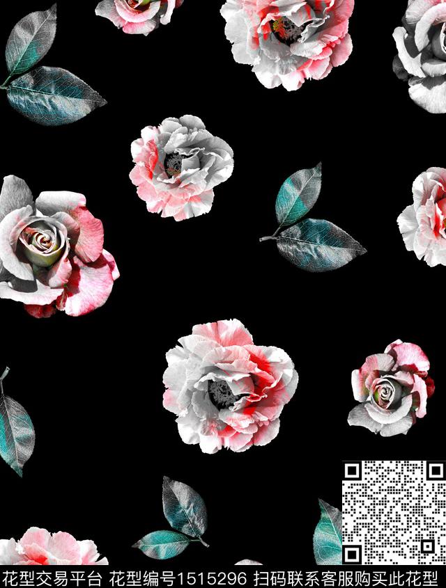 黑底花卉艺术花卉创意花卉数码印花华亿平台下载（图片编号: 1515296） - 瓦栏（Walan）