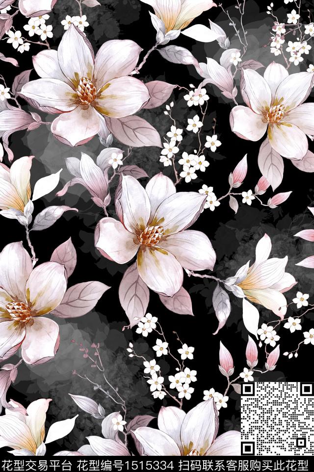 黑底花卉花卉真丝数码印花华亿平台下载（图片编号: 1515334） - 瓦栏（Walan）