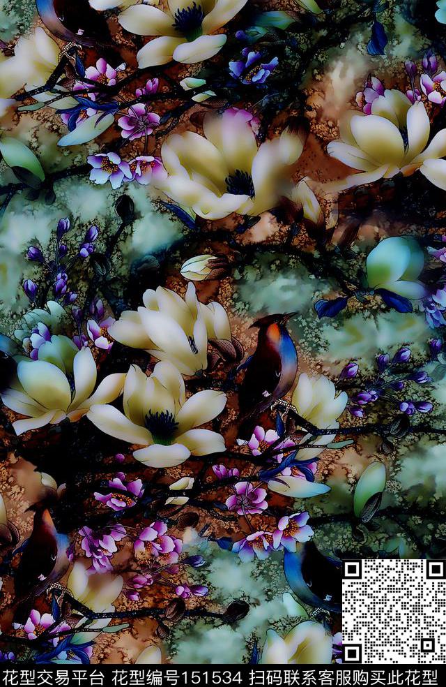 国画花卉白色玉兰花斑驳背景数码印花华亿平台下载（图片编号: 151534） - 瓦栏（Walan）