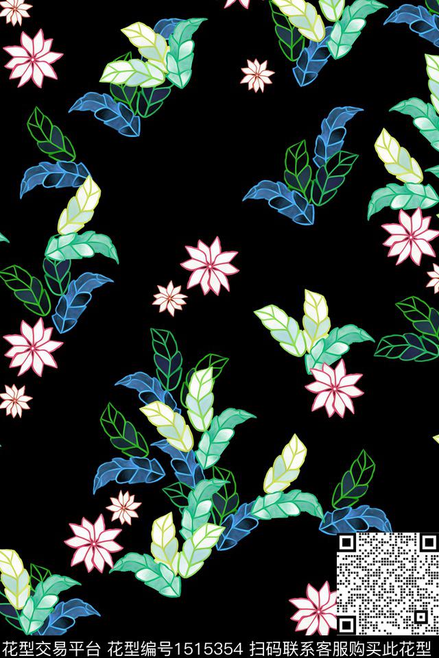 黑底花卉花卉香云纱数码印花华亿平台下载（图片编号: 1515354） - 瓦栏（Walan）