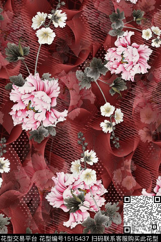香云纱旗袍牡丹数码印花华亿平台下载（图片编号: 1515437） - 瓦栏（Walan）