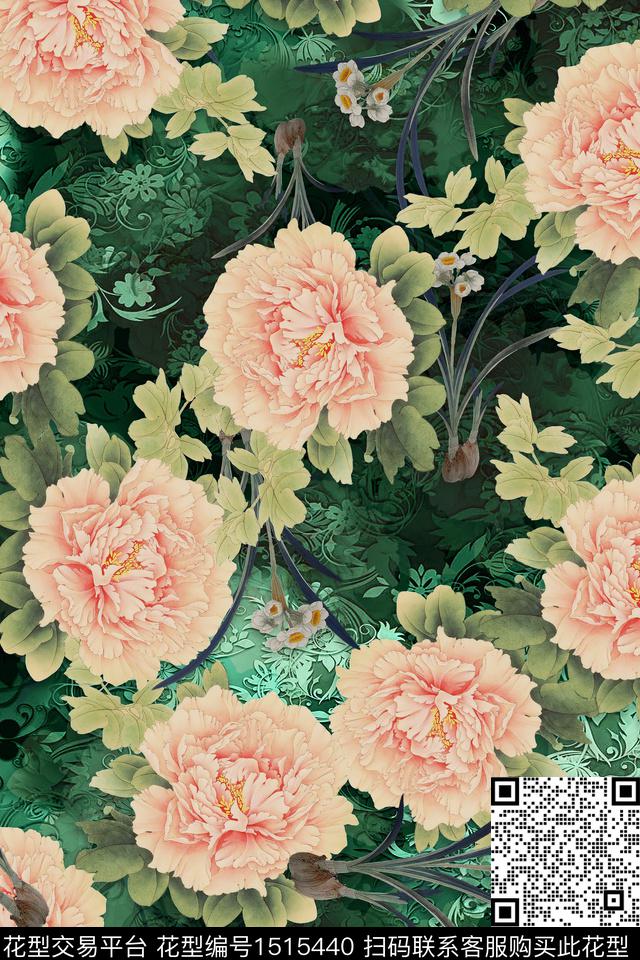 香云纱旗袍牡丹数码印花华亿平台下载（图片编号: 1515440） - 瓦栏（Walan）