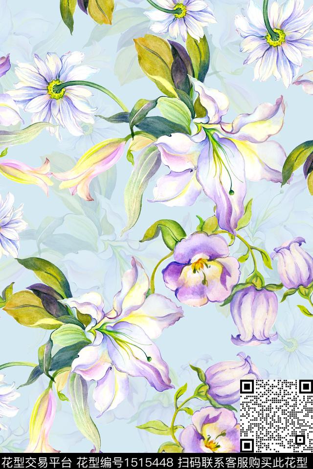 花卉小清新真丝数码印花华亿平台下载（图片编号: 1515448） - 瓦栏（Walan）