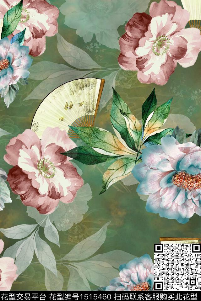 花卉香云纱中国风数码印花华亿平台下载（图片编号: 1515460） - 瓦栏（Walan）