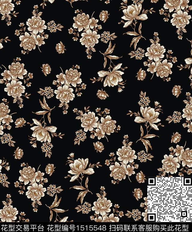黑底花卉花卉春夏华亿平台数码印花华亿平台下载（图片编号: 1515548） - 瓦栏（Walan）