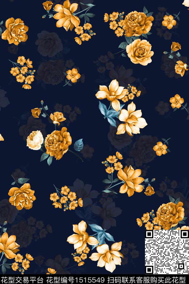 黑底花卉花卉春夏华亿平台数码印花华亿平台下载（图片编号: 1515549） - 瓦栏（Walan）