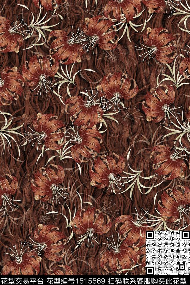 花卉香云纱底纹数码印花华亿平台下载（图片编号: 1515569） - 瓦栏（Walan）