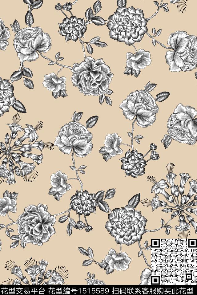 花卉大牌风抽象数码印花华亿平台下载（图片编号: 1515589） - 瓦栏（Walan）