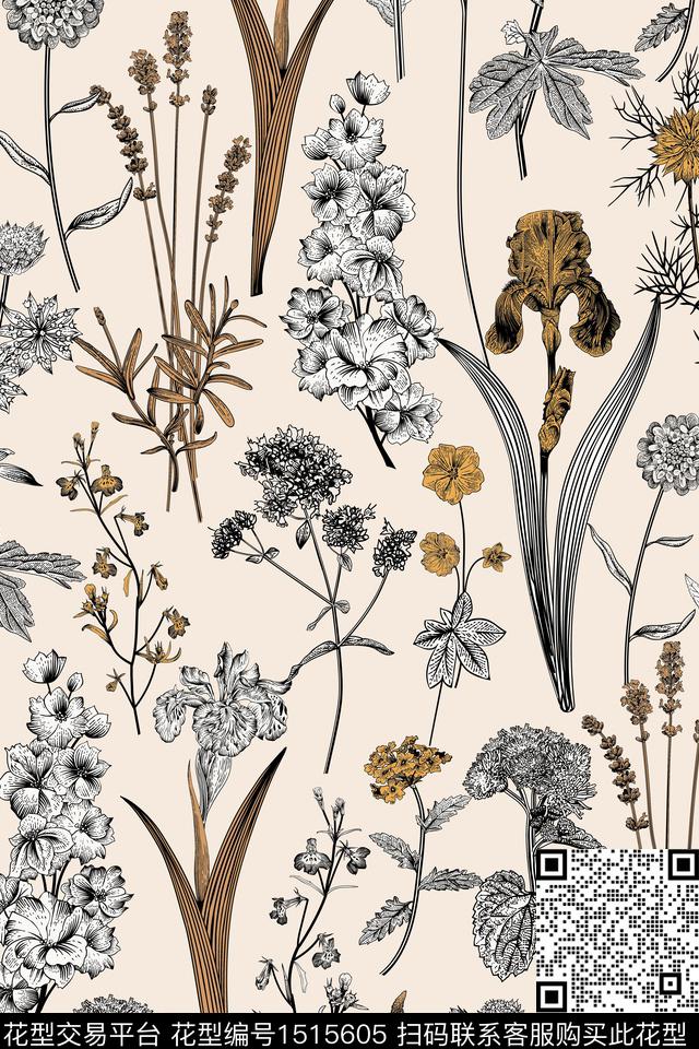 花卉抽象植物数码印花华亿平台下载（图片编号: 1515605） - 瓦栏（Walan）