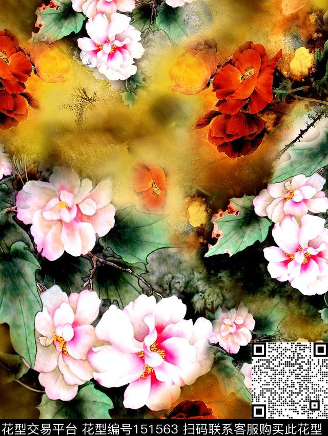 国画工笔花卉数码印花华亿平台下载（图片编号: 151563） - 瓦栏（Walan）
