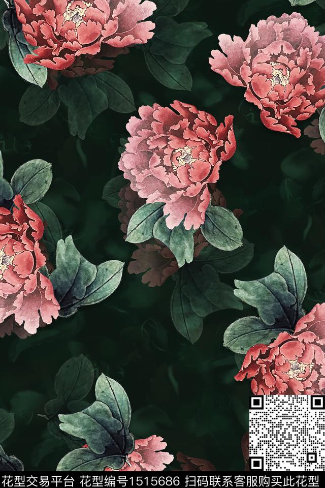 香云纱旗袍牡丹数码印花华亿平台下载（图片编号: 1515686） - 瓦栏（Walan）