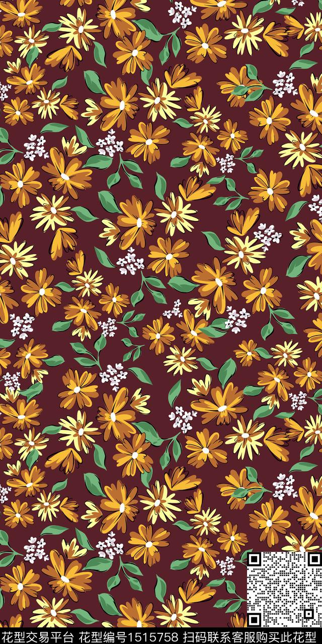 花卉手绘矢量数码印花华亿平台下载（图片编号: 1515758） - 瓦栏（Walan）