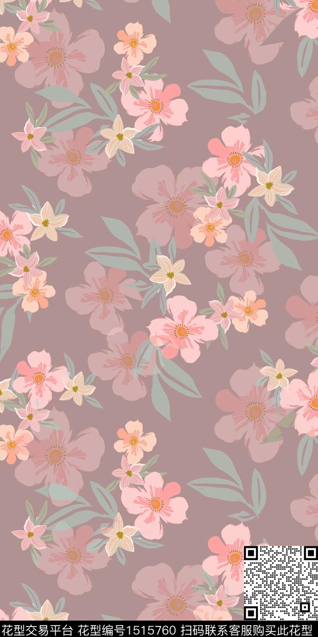 花卉手绘矢量数码印花华亿平台下载（图片编号: 1515760） - 瓦栏（Walan）