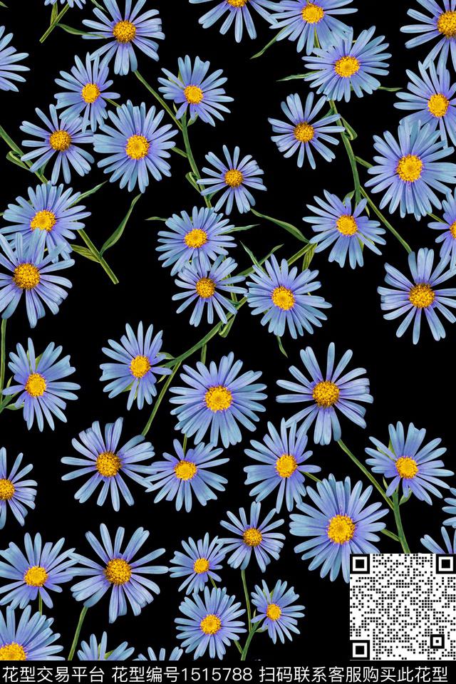 黑底花卉花卉真丝数码印花华亿平台下载（图片编号: 1515788） - 瓦栏（Walan）