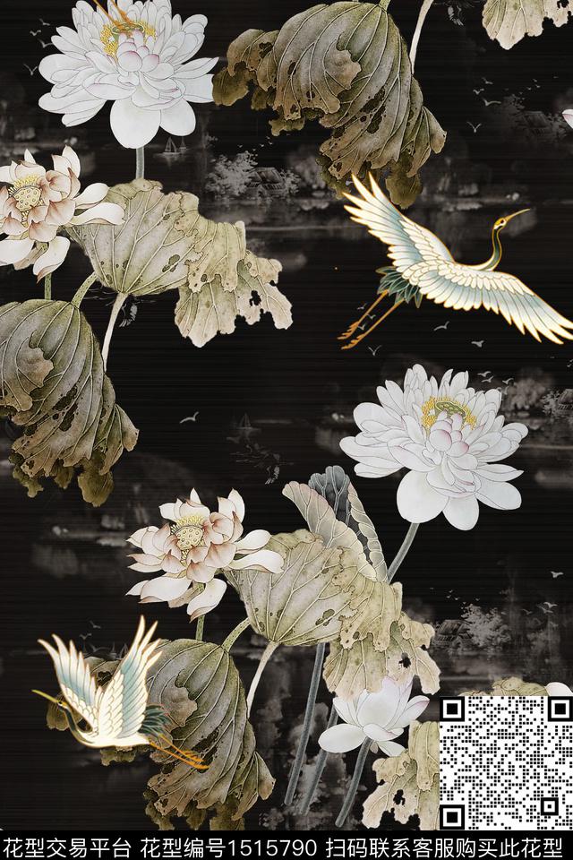 荷花香云纱中国风数码印花华亿平台下载（图片编号: 1515790） - 瓦栏（Walan）