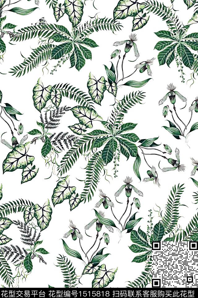 涂鸦线条绿植树叶数码印花华亿平台下载（图片编号: 1515818） - 瓦栏（Walan）