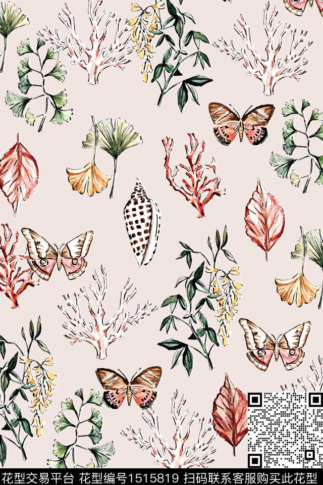 涂鸦线条绿植树叶数码印花华亿平台下载（图片编号: 1515819） - 瓦栏（Walan）