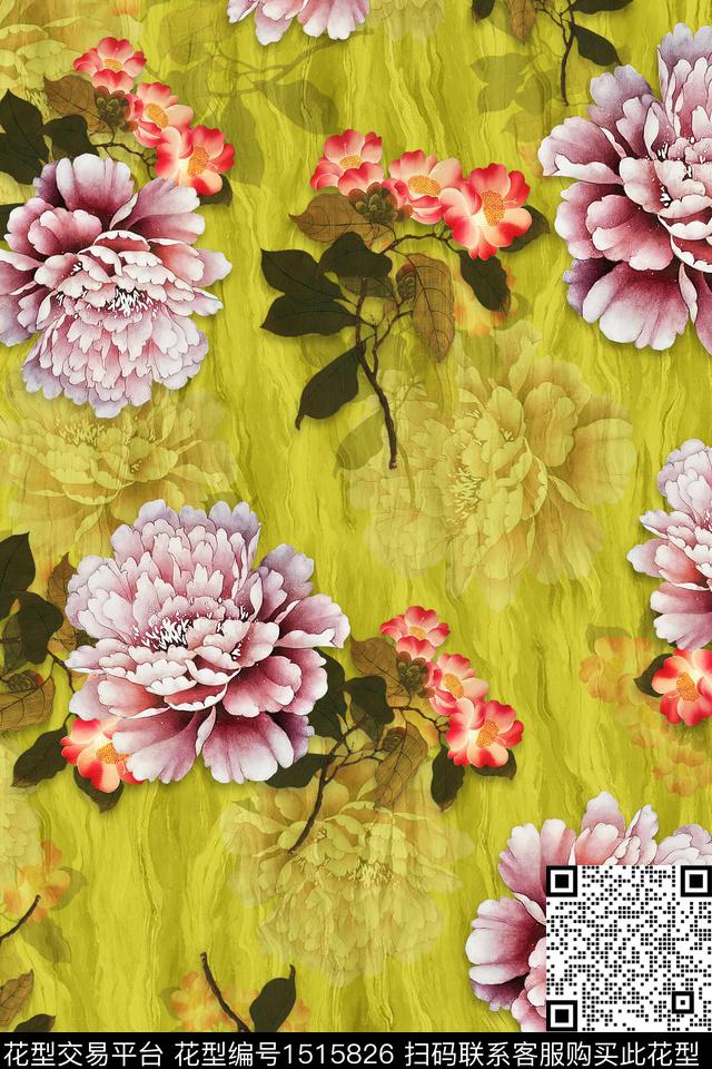 香云纱旗袍牡丹数码印花华亿平台下载（图片编号: 1515826） - 瓦栏（Walan）