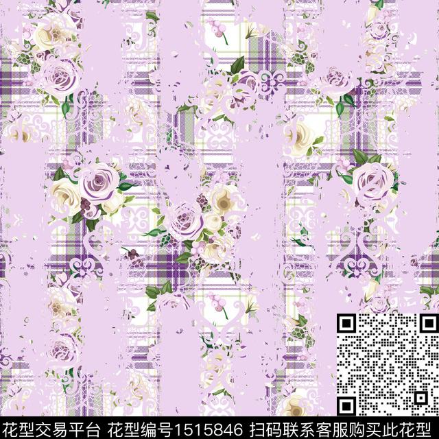 时尚格子花卉数码印花华亿平台下载（图片编号: 1515846） - 瓦栏（Walan）