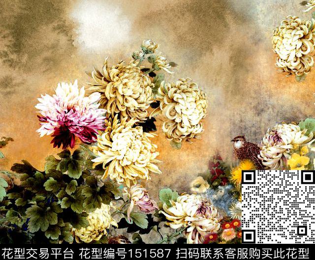 花花卉工笔数码印花华亿平台下载（图片编号: 151587） - 瓦栏（Walan）
