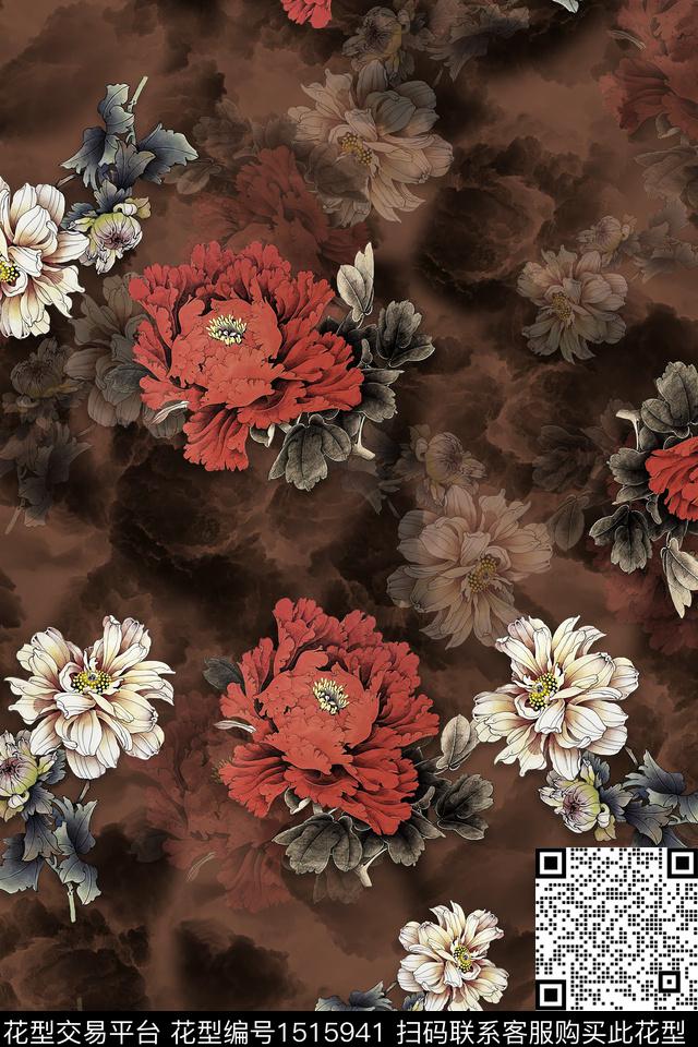 香云纱旗袍牡丹数码印花华亿平台下载（图片编号: 1515941） - 瓦栏（Walan）