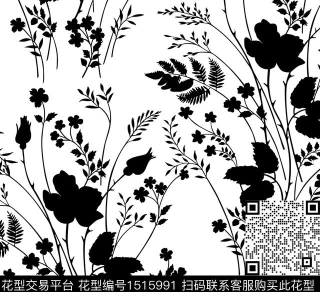 黑白华亿平台花卉剪影数码印花华亿平台下载（图片编号: 1515991） - 瓦栏（Walan）
