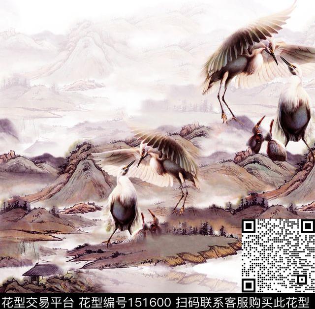 中国风山水写实数码印花华亿平台下载（图片编号: 151600） - 瓦栏（Walan）