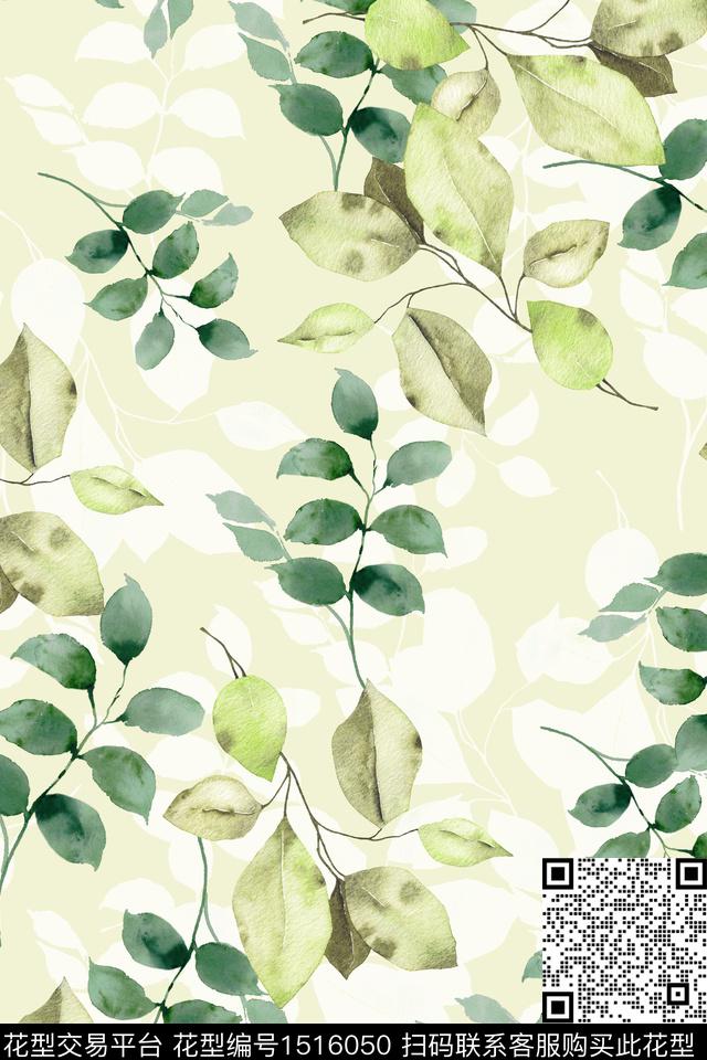 绿植树叶小清新真丝数码印花华亿平台下载（图片编号: 1516050） - 瓦栏（Walan）