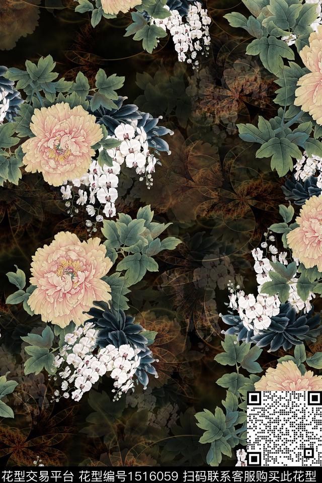 香云纱旗袍牡丹数码印花华亿平台下载（图片编号: 1516059） - 瓦栏（Walan）