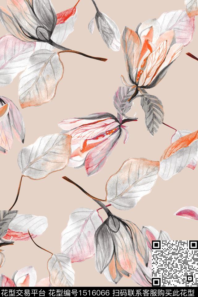 花卉大牌风真丝数码印花华亿平台下载（图片编号: 1516066） - 瓦栏（Walan）