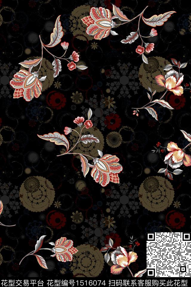 黑底花卉大牌风香云纱数码印花华亿平台下载（图片编号: 1516074） - 瓦栏（Walan）