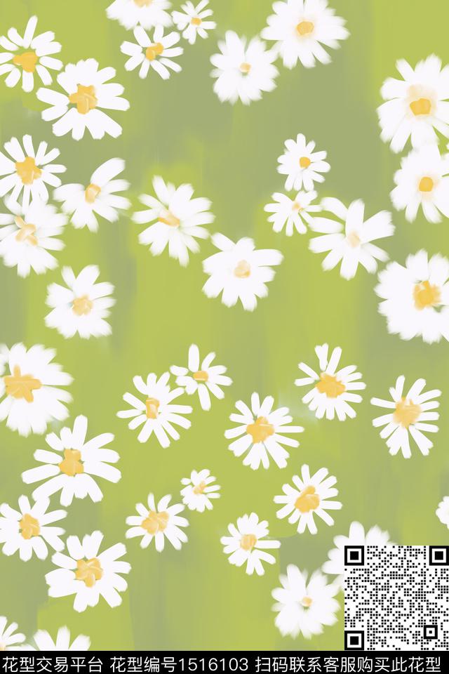 绿色小雏菊小清新数码印花华亿平台下载（图片编号: 1516103） - 瓦栏（Walan）