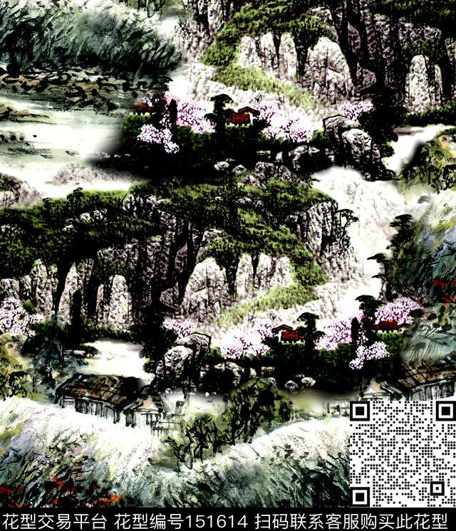 中国风国画小桥流水人家数码印花华亿平台下载（图片编号: 151614） - 瓦栏（Walan）