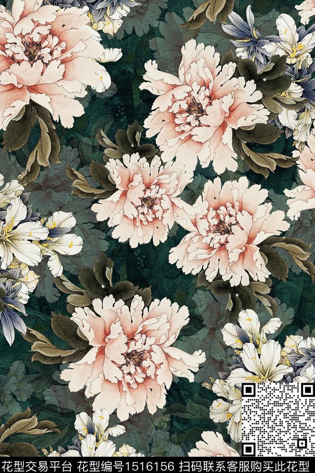 香云纱旗袍牡丹数码印花华亿平台下载（图片编号: 1516156） - 瓦栏（Walan）